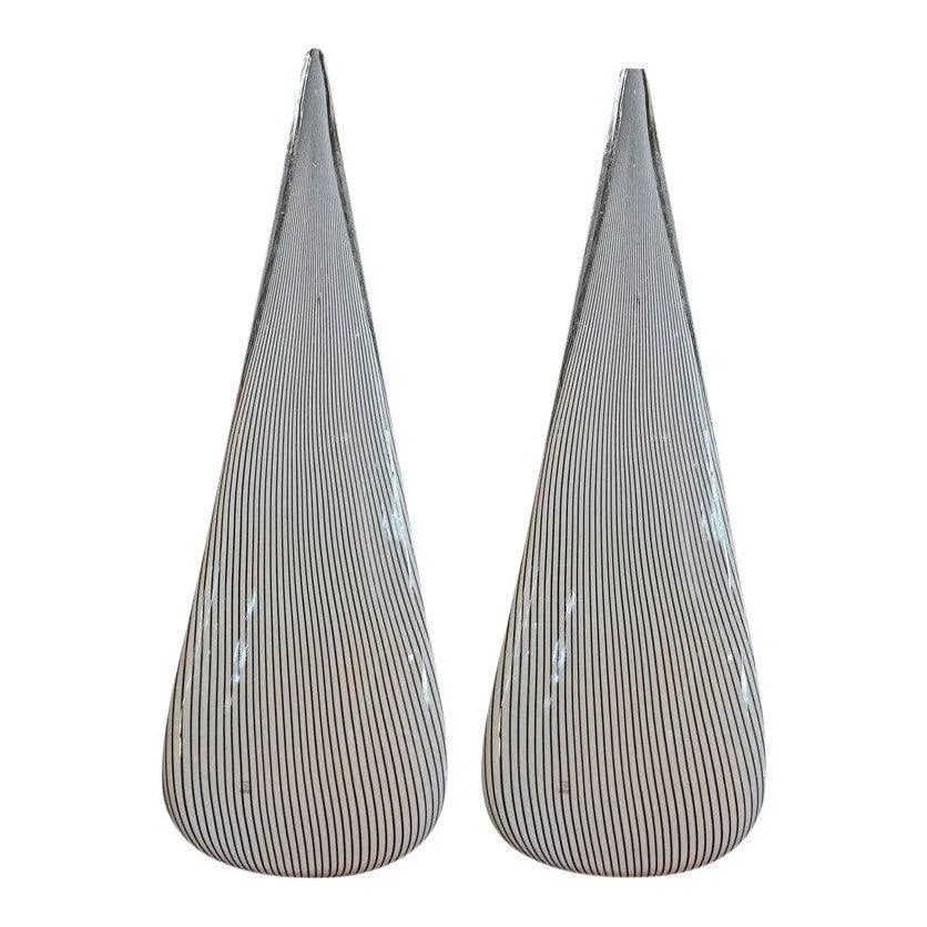 1970's Black and White Pin Stripe Murano Glass Lamps by Vetri-A Pair - 11