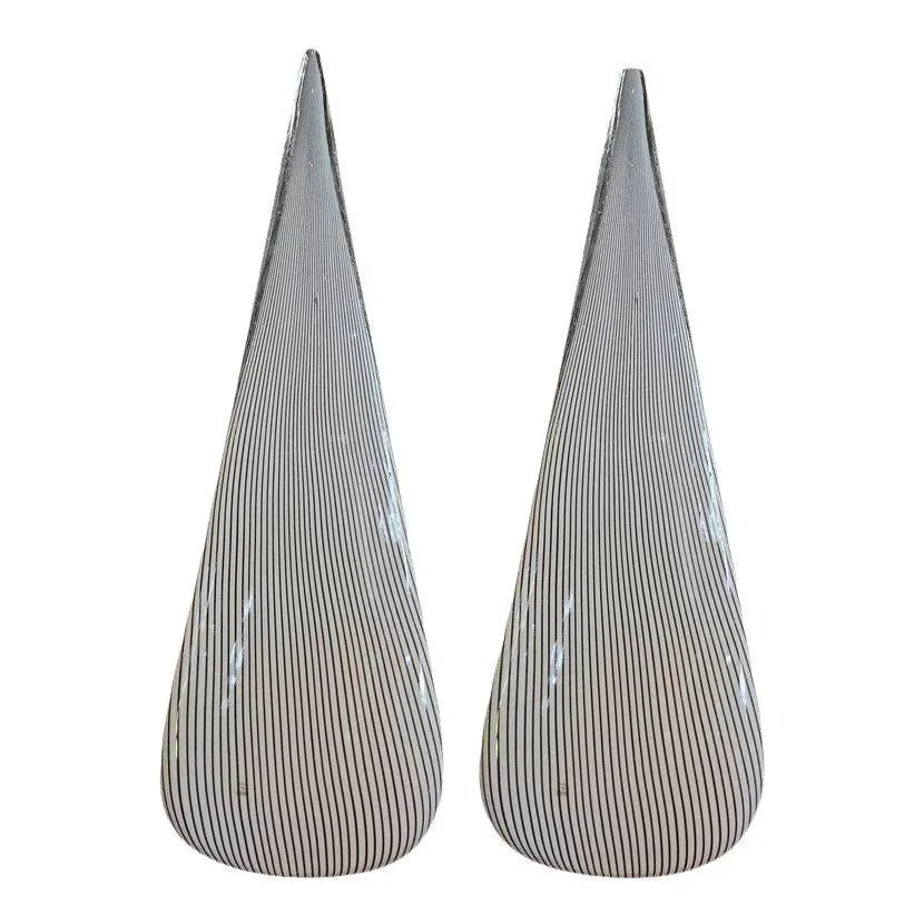 1970's Black and White Pin Stripe Murano Glass Lamps by Vetri-A Pair - 12