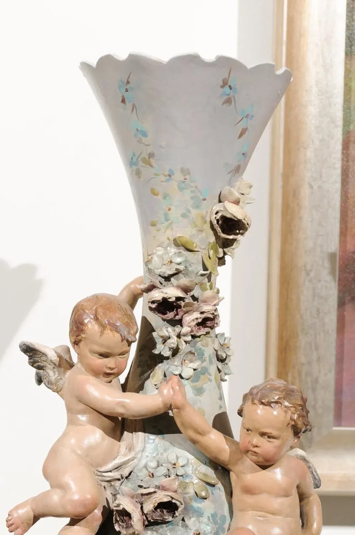 French 1870s Slender Majolica Vase with Floral Décor and High-Relief Cherubs - 10
