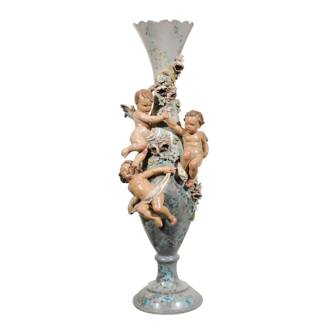 French 1870s Slender Majolica Vase with Floral Décor and High-Relief Cherubs - 12