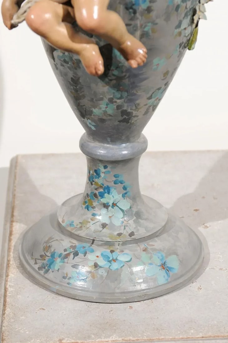 French 1870s Slender Majolica Vase with Floral Décor and High-Relief Cherubs - 3