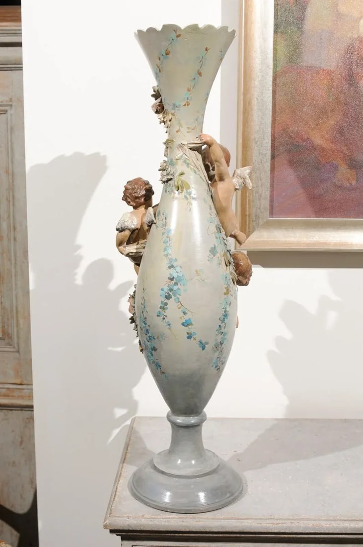 French 1870s Slender Majolica Vase with Floral Décor and High-Relief Cherubs - 5