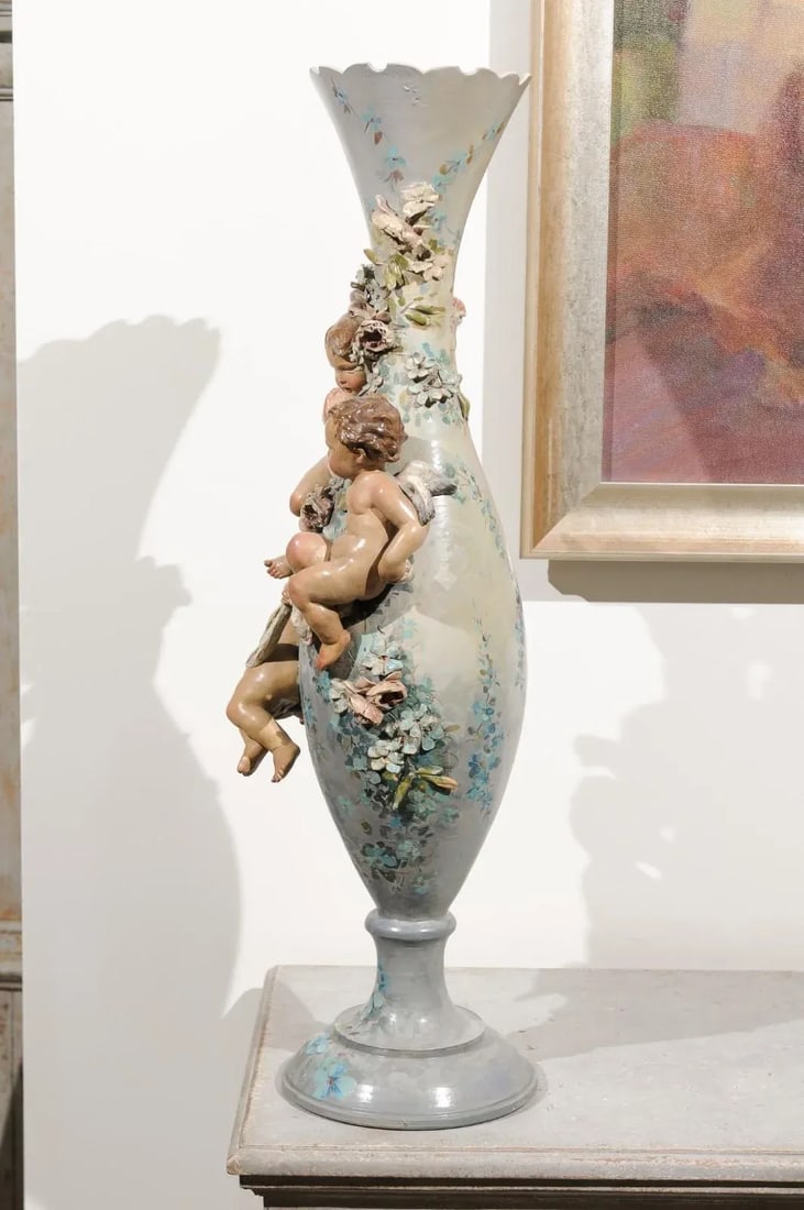 French 1870s Slender Majolica Vase with Floral Décor and High-Relief Cherubs - 6
