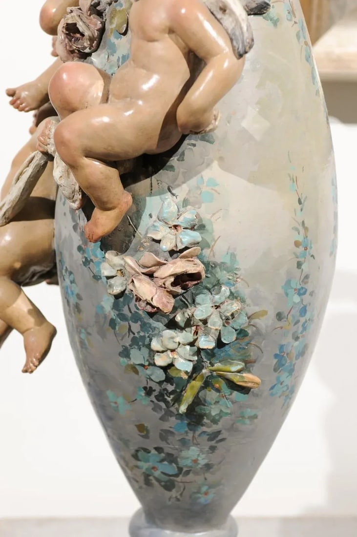 French 1870s Slender Majolica Vase with Floral Décor and High-Relief Cherubs - 7