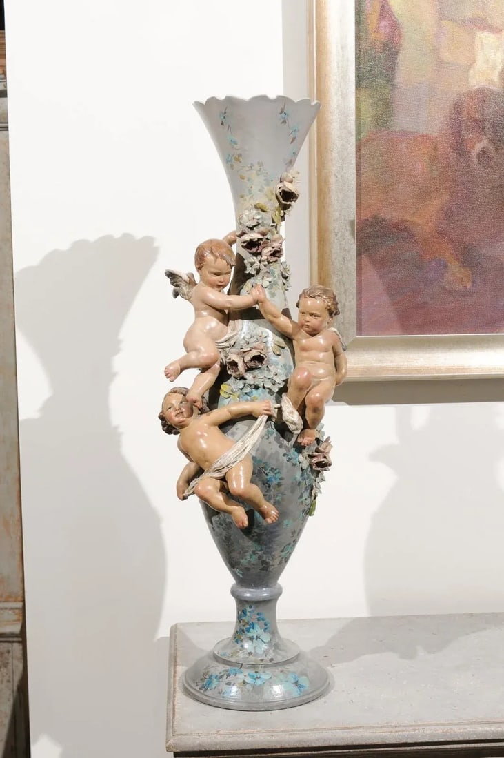 French 1870s Slender Majolica Vase with Floral Décor and High-Relief Cherubs - 8