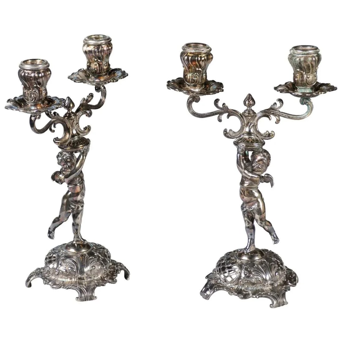 German Late 19th Century Jugendstil Silver Plated WMF Cherub Candelabras - A Pair - 12