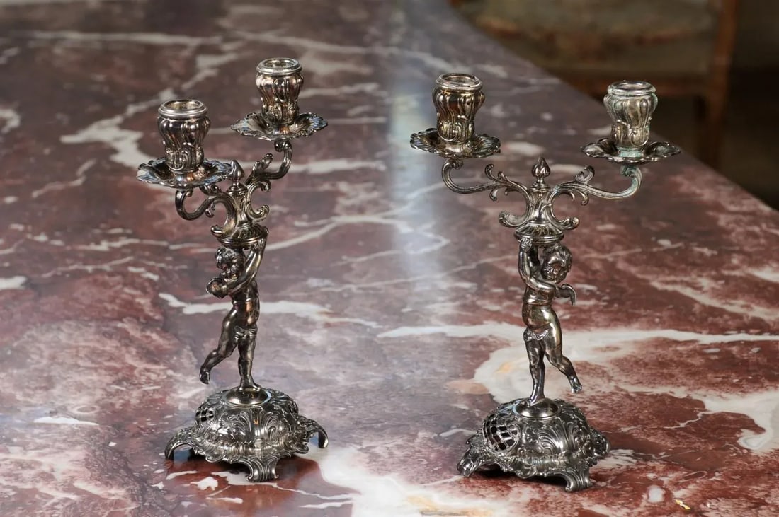 German Late 19th Century Jugendstil Silver Plated WMF Cherub Candelabras - A Pair - 2
