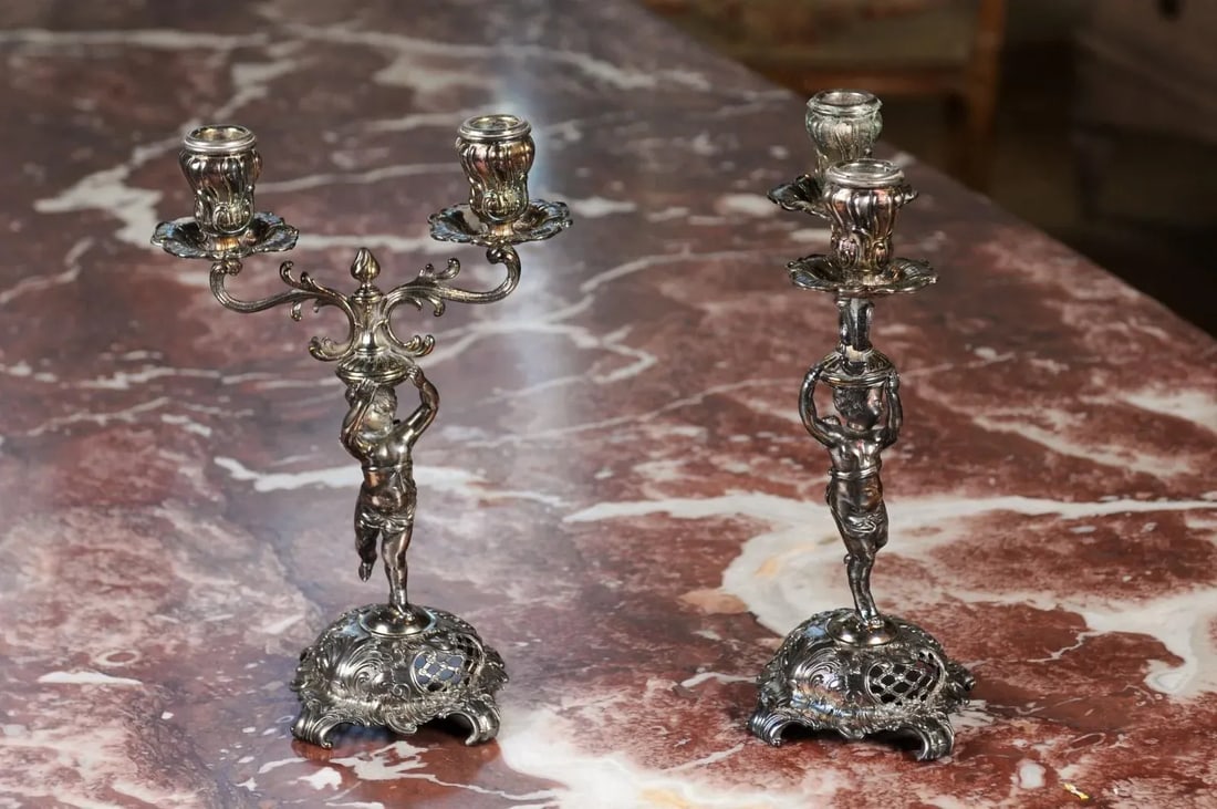 German Late 19th Century Jugendstil Silver Plated WMF Cherub Candelabras - A Pair - 4