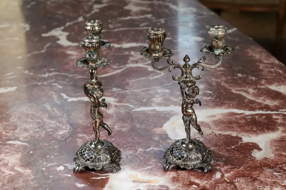 German Late 19th Century Jugendstil Silver Plated WMF Cherub Candelabras - A Pair - 7