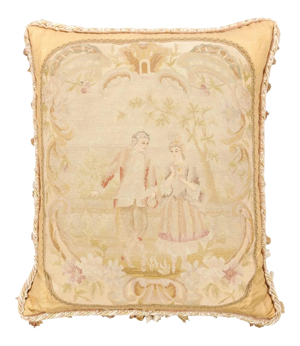 French 19th Century Needlepoint Tapestry Pillow Depicting Two Artistocrates: A French needlepoint tapestry pillow from the 19th century, depicting two artistocrates walking in a landscape. Created in France during the 19th century, this needlepoint tapestry pillow charms us wi