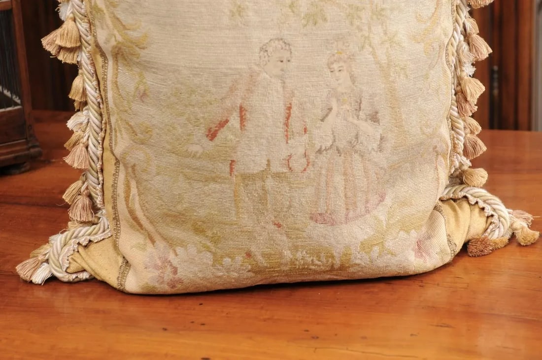French 19th Century Needlepoint Tapestry Pillow Depicting Two Artistocrates - 6