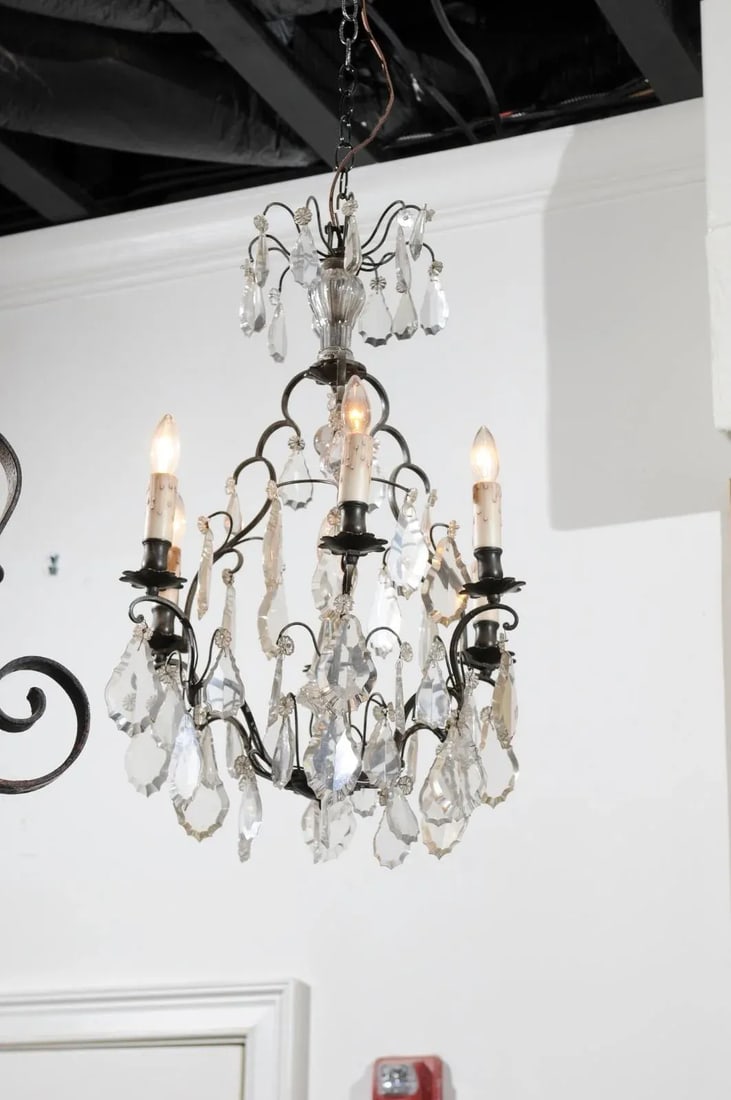 19th Century French Crystal Six-Light Chandelier with Iron Armature and Obelisk - 10