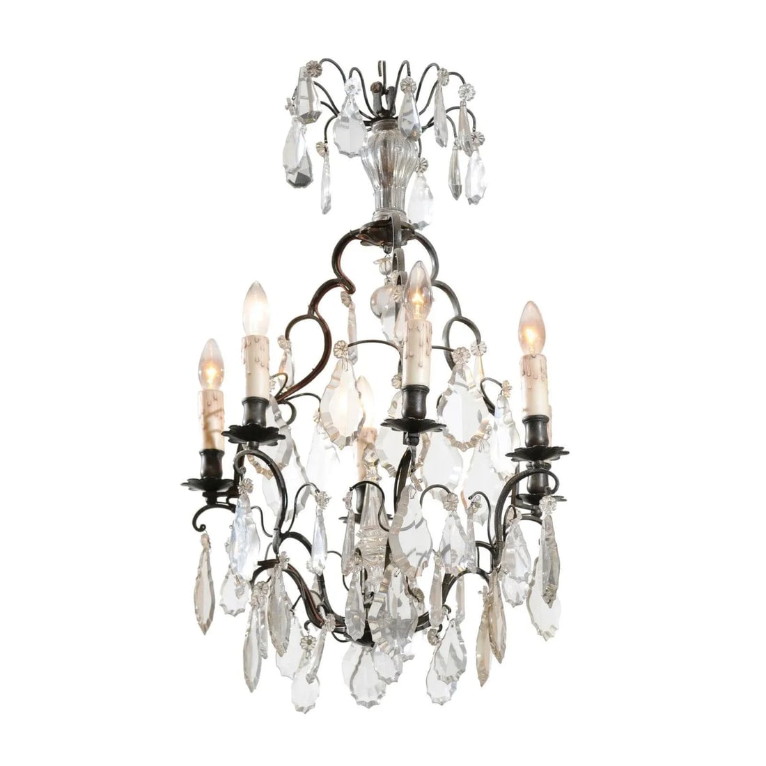 19th Century French Crystal Six-Light Chandelier with Iron Armature and Obelisk - 12