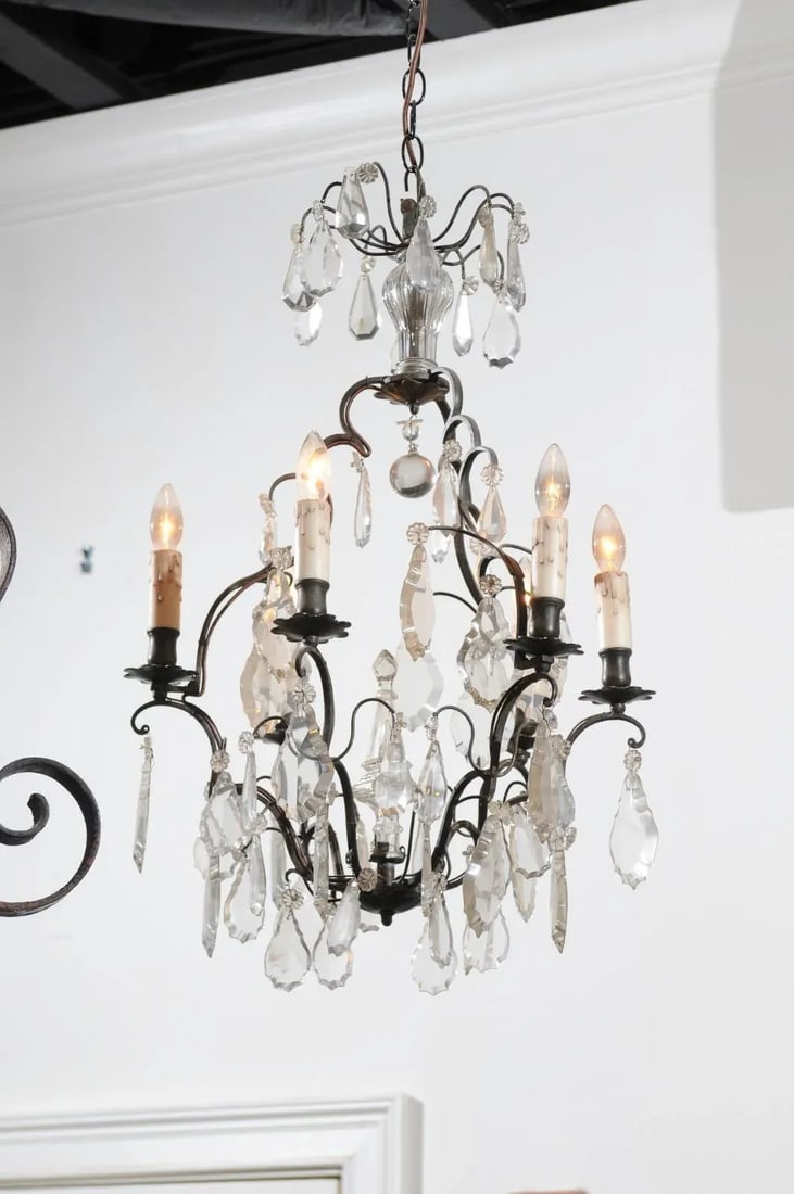 19th Century French Crystal Six-Light Chandelier with Iron Armature and Obelisk - 2