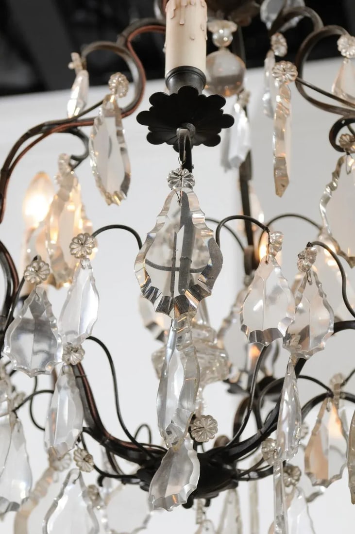 19th Century French Crystal Six-Light Chandelier with Iron Armature and Obelisk - 3