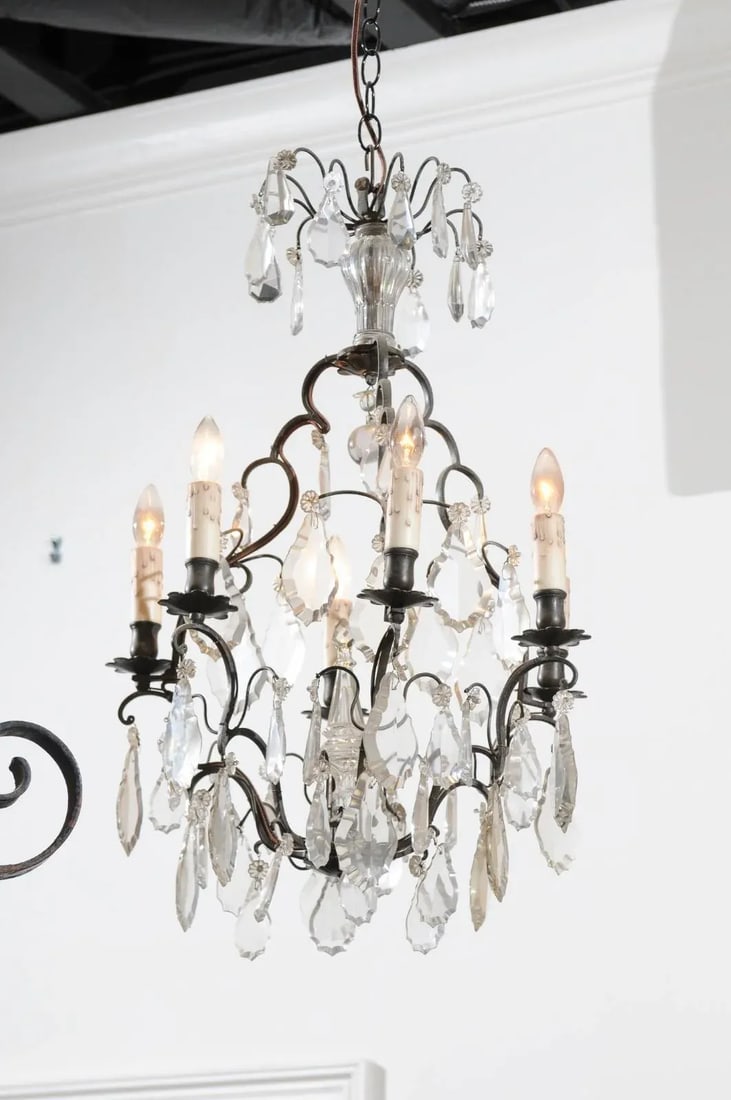 19th Century French Crystal Six-Light Chandelier with Iron Armature and Obelisk - 4