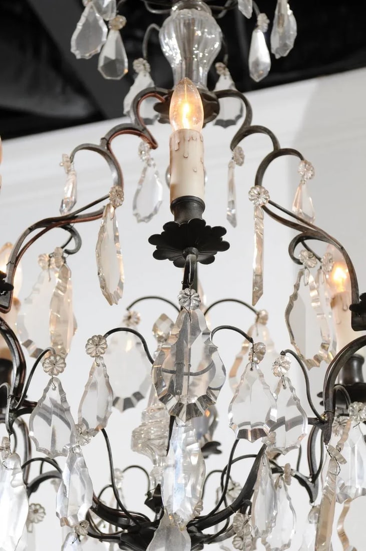 19th Century French Crystal Six-Light Chandelier with Iron Armature and Obelisk - 7