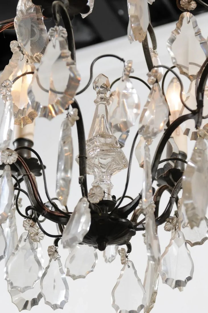 19th Century French Crystal Six-Light Chandelier with Iron Armature and Obelisk - 8