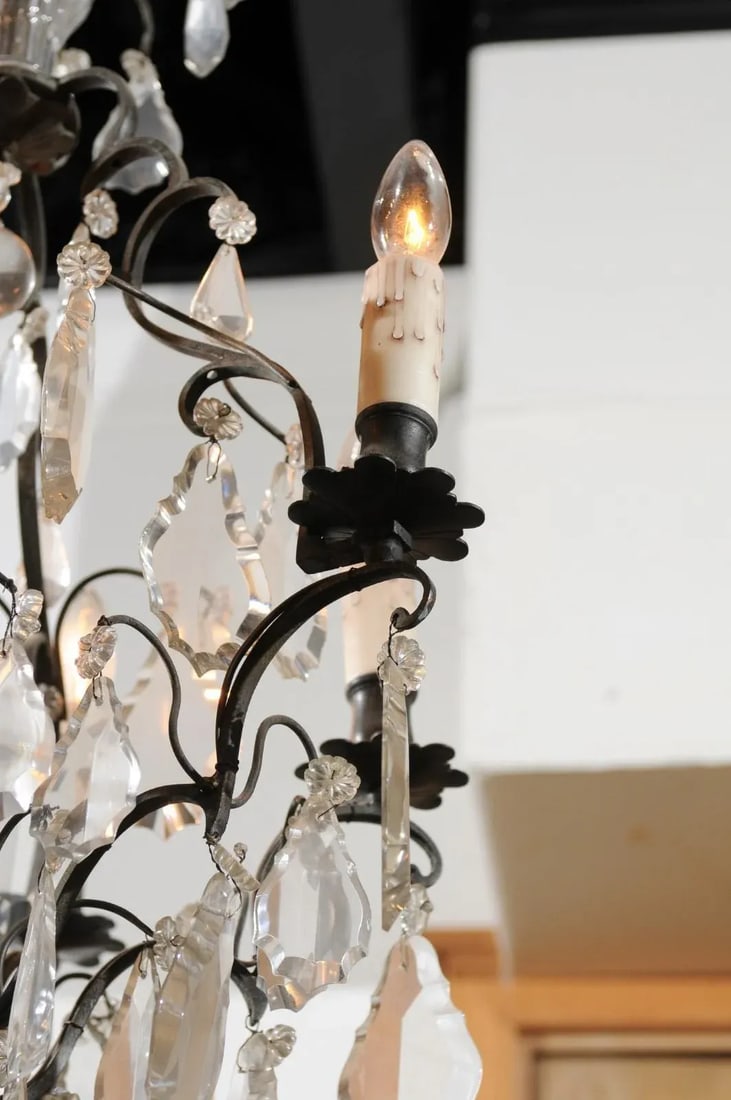 19th Century French Crystal Six-Light Chandelier with Iron Armature and Obelisk - 9