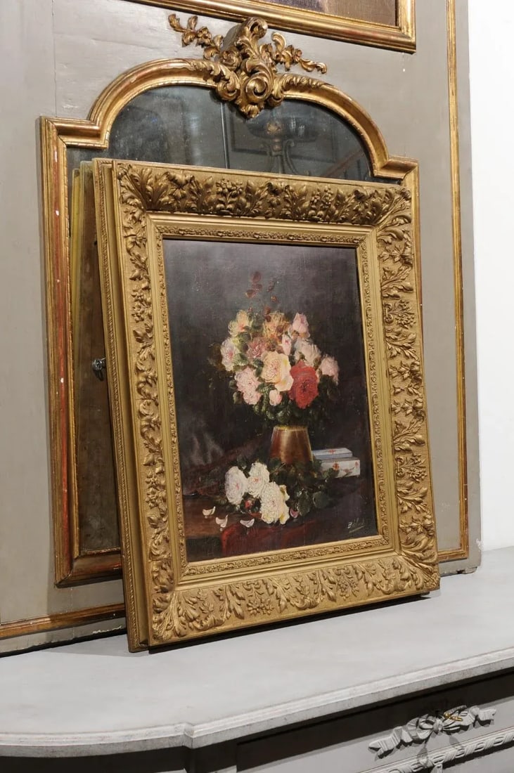 19th Century French Floral Still-Life Painting Depicting Roses in Original Frame - 11