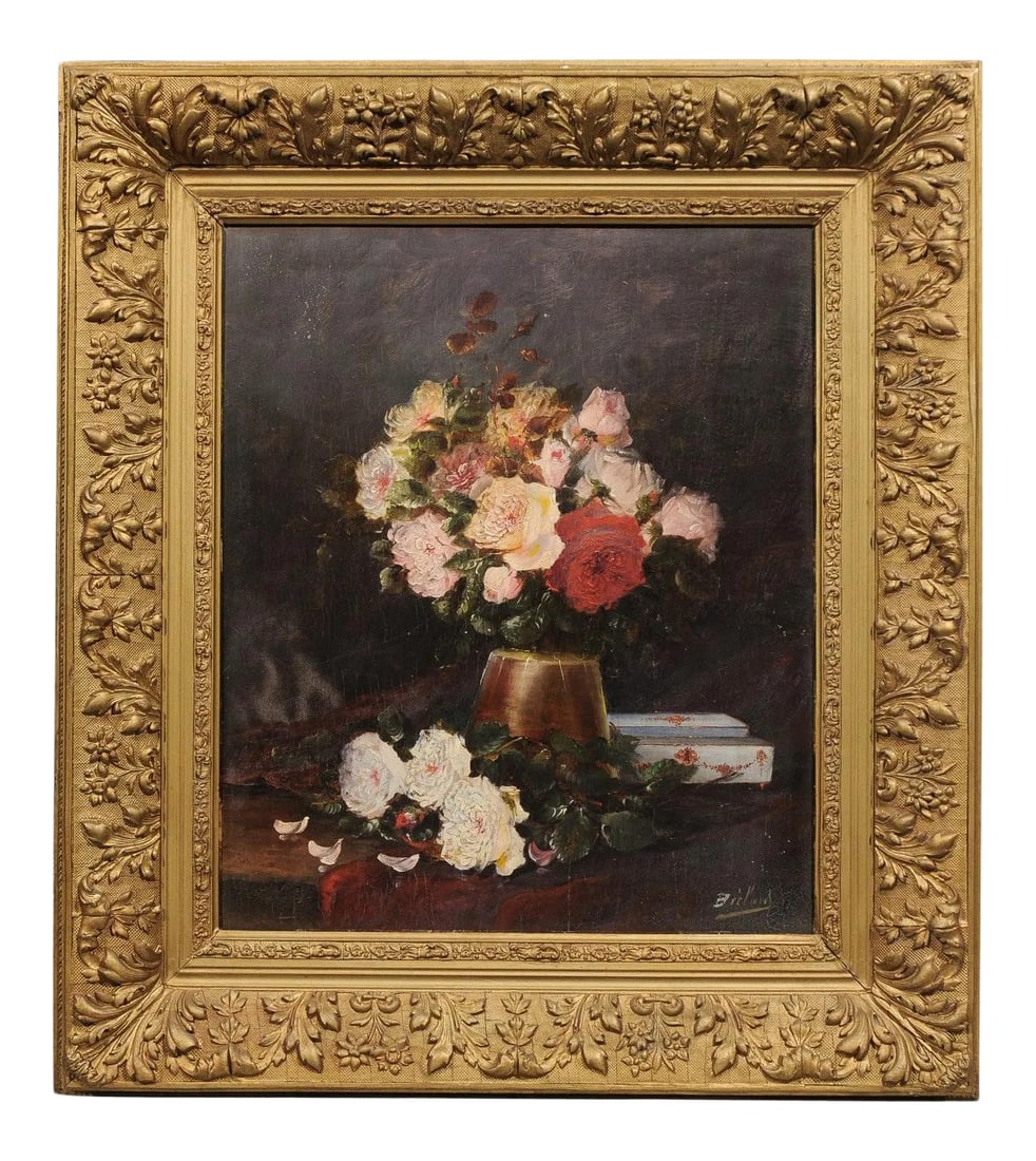 19th Century French Floral Still-Life Painting Depicting Roses in Original Frame: A French floral still-life painting from the 19th century in original frame. Born in France during the politically dynamic 19th century, this exquisite painting features a lovely bouquet of pink, red 
