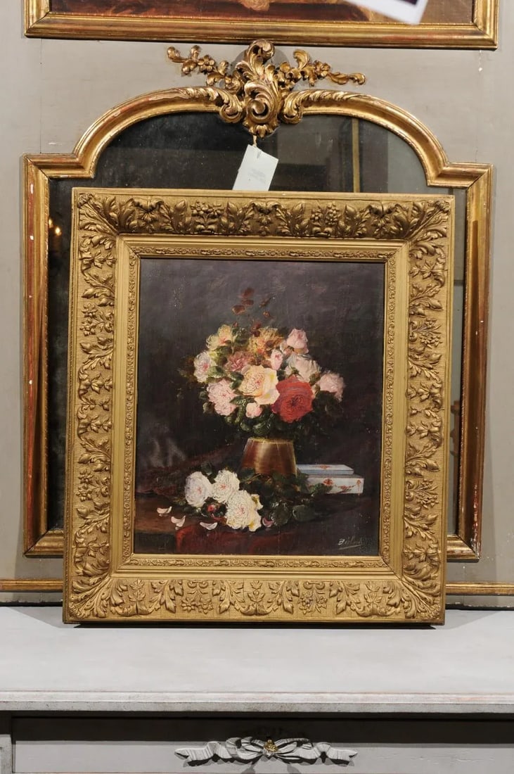 19th Century French Floral Still-Life Painting Depicting Roses in Original Frame - 2
