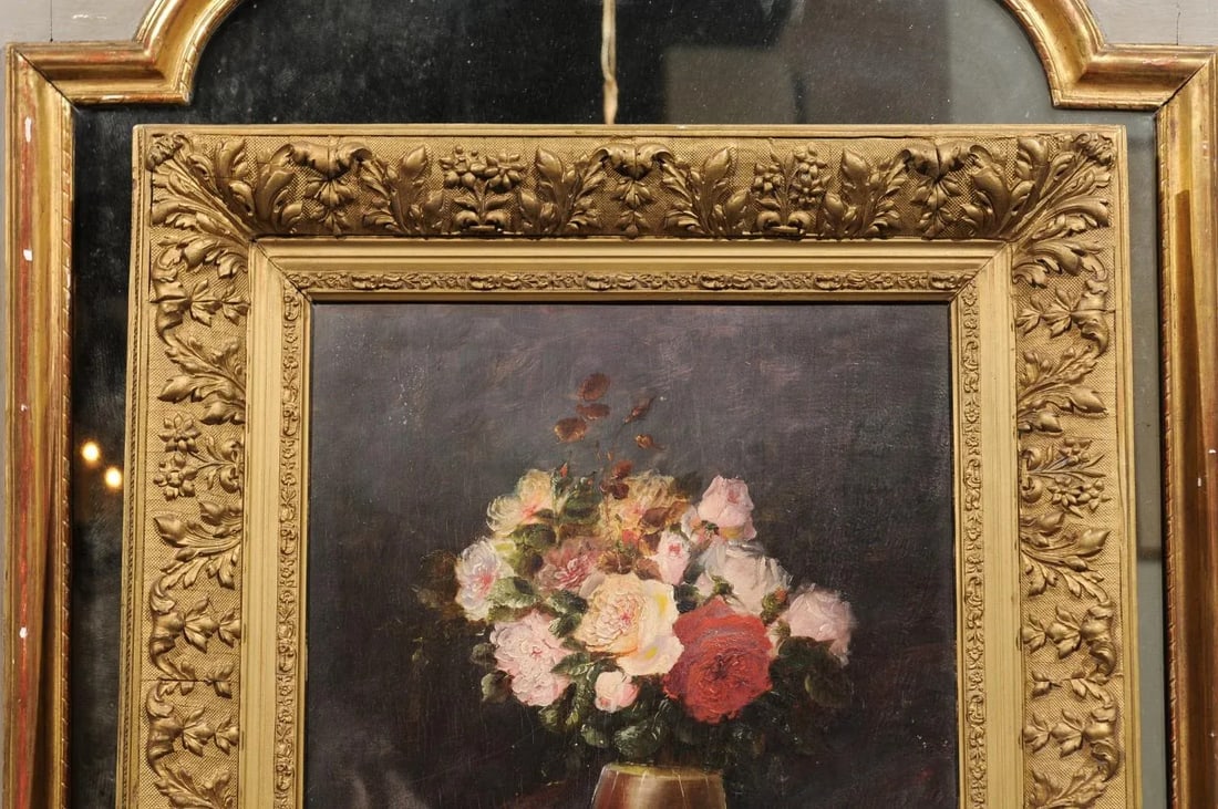 19th Century French Floral Still-Life Painting Depicting Roses in Original Frame - 5