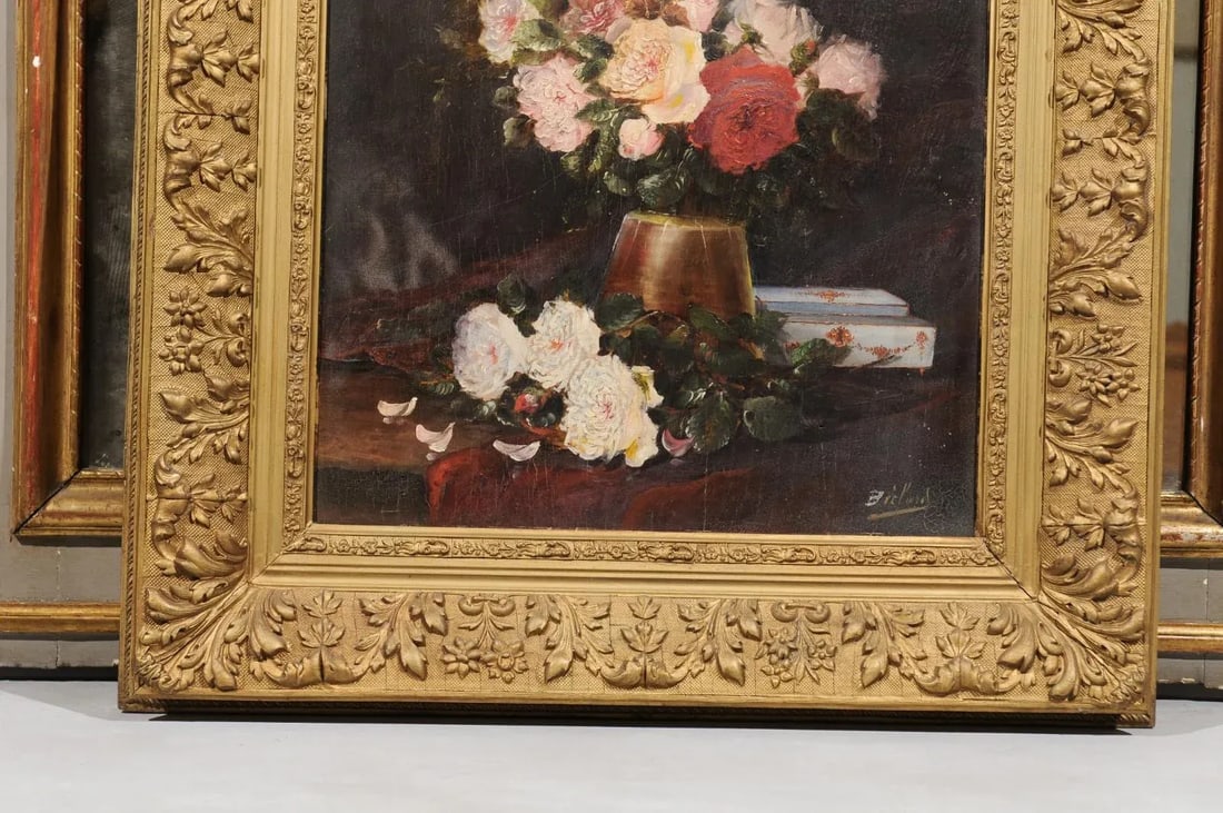 19th Century French Floral Still-Life Painting Depicting Roses in Original Frame - 6