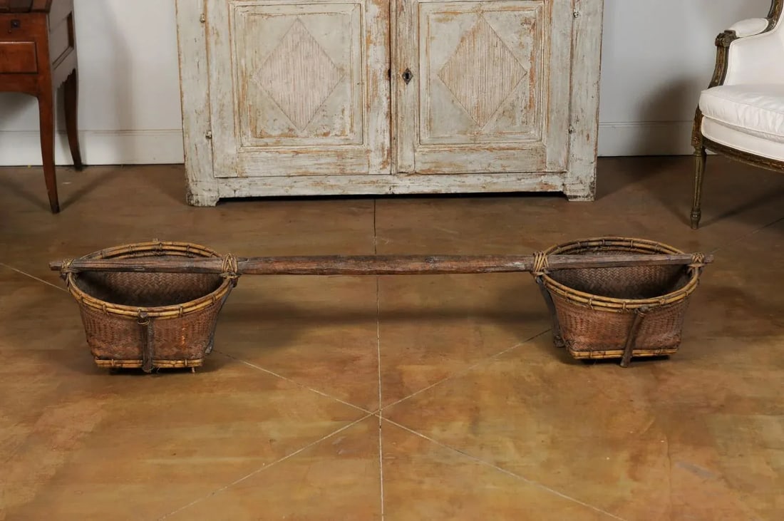 Far Eastern Early 20th Century Shoulder Yoke with Bamboo and Rattan Baskets - 5