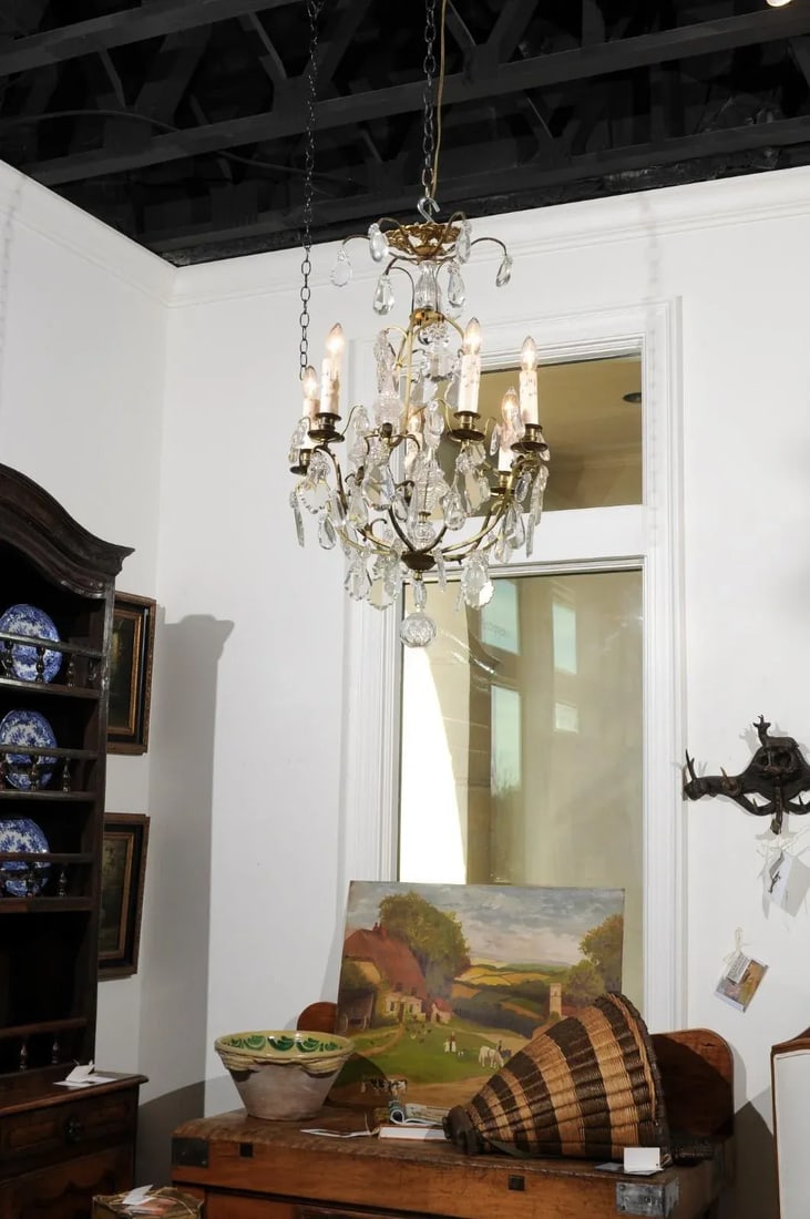 French 19th Century Six-Light Crystal Chandelier with Scrolled Brass Armature - 2