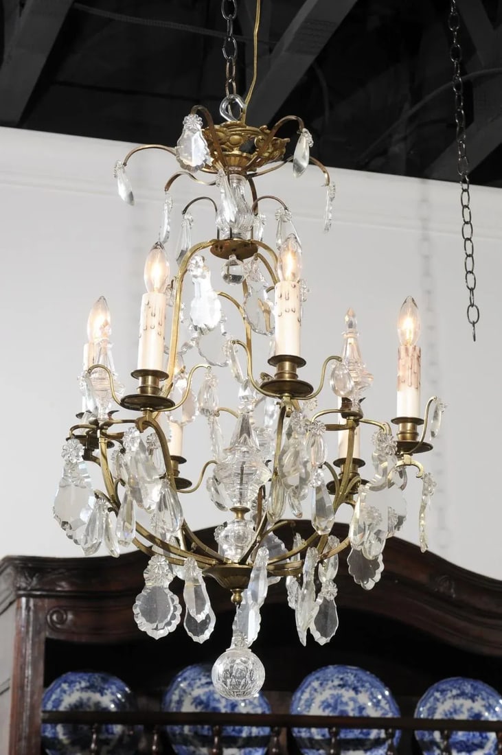 French 19th Century Six-Light Crystal Chandelier with Scrolled Brass Armature - 3