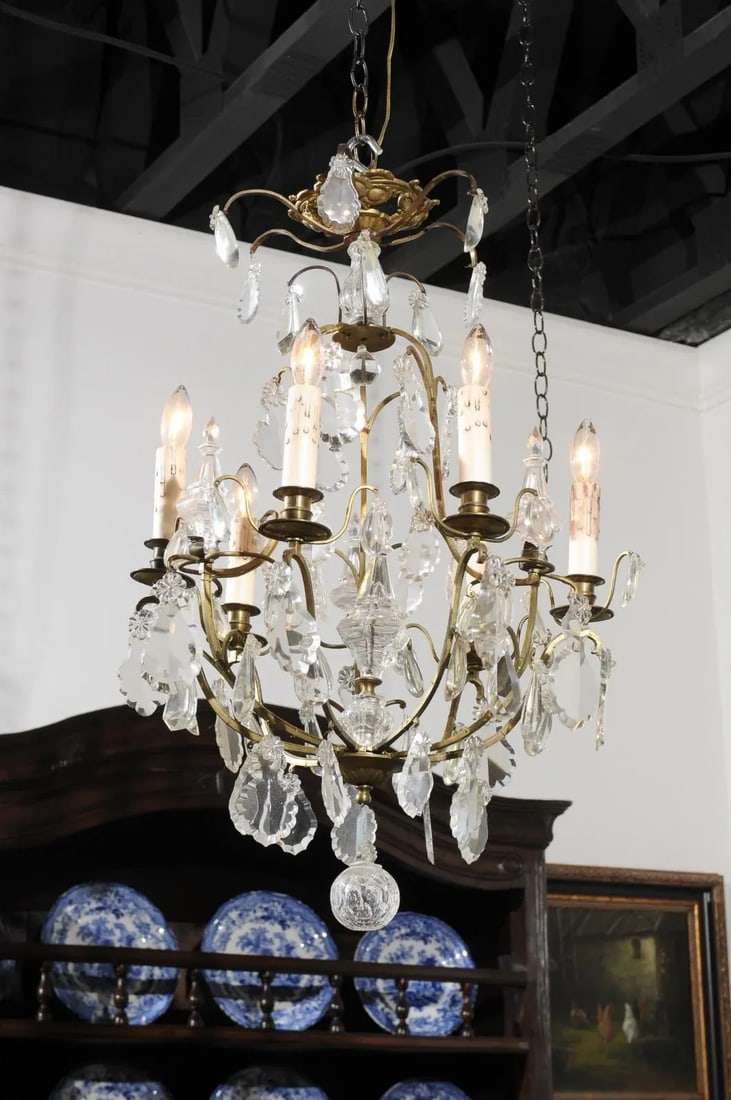 French 19th Century Six-Light Crystal Chandelier with Scrolled Brass Armature - 8
