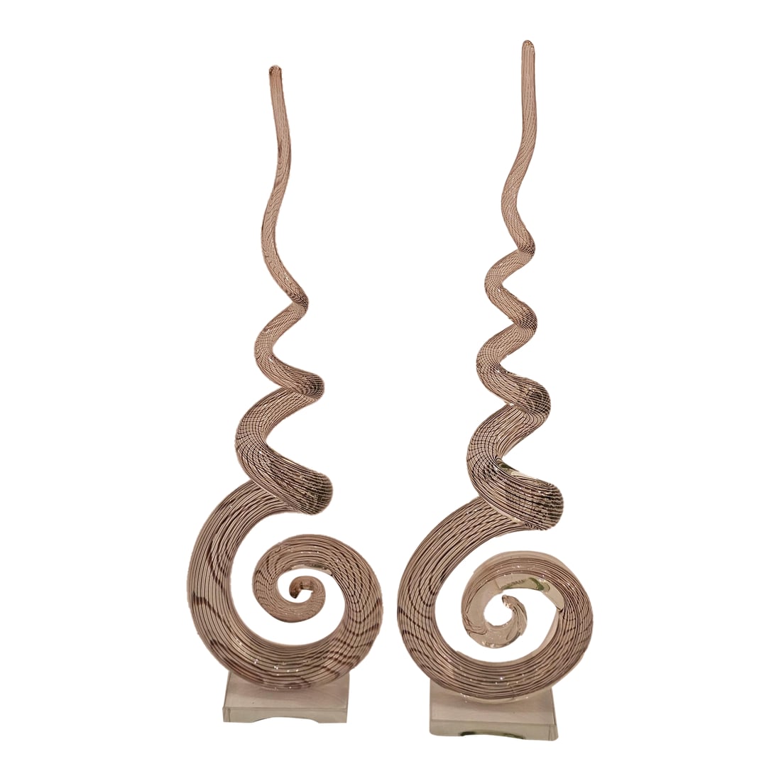 Murano Curliecue Blown Glass Sculptures -a Pair: Striking pair of abstract art glass sculptures with curlicue bottoms and elegantly tapered tops. Will sell individually. Condition: Alterations: Original Condition Unaltered Imperfections: Some