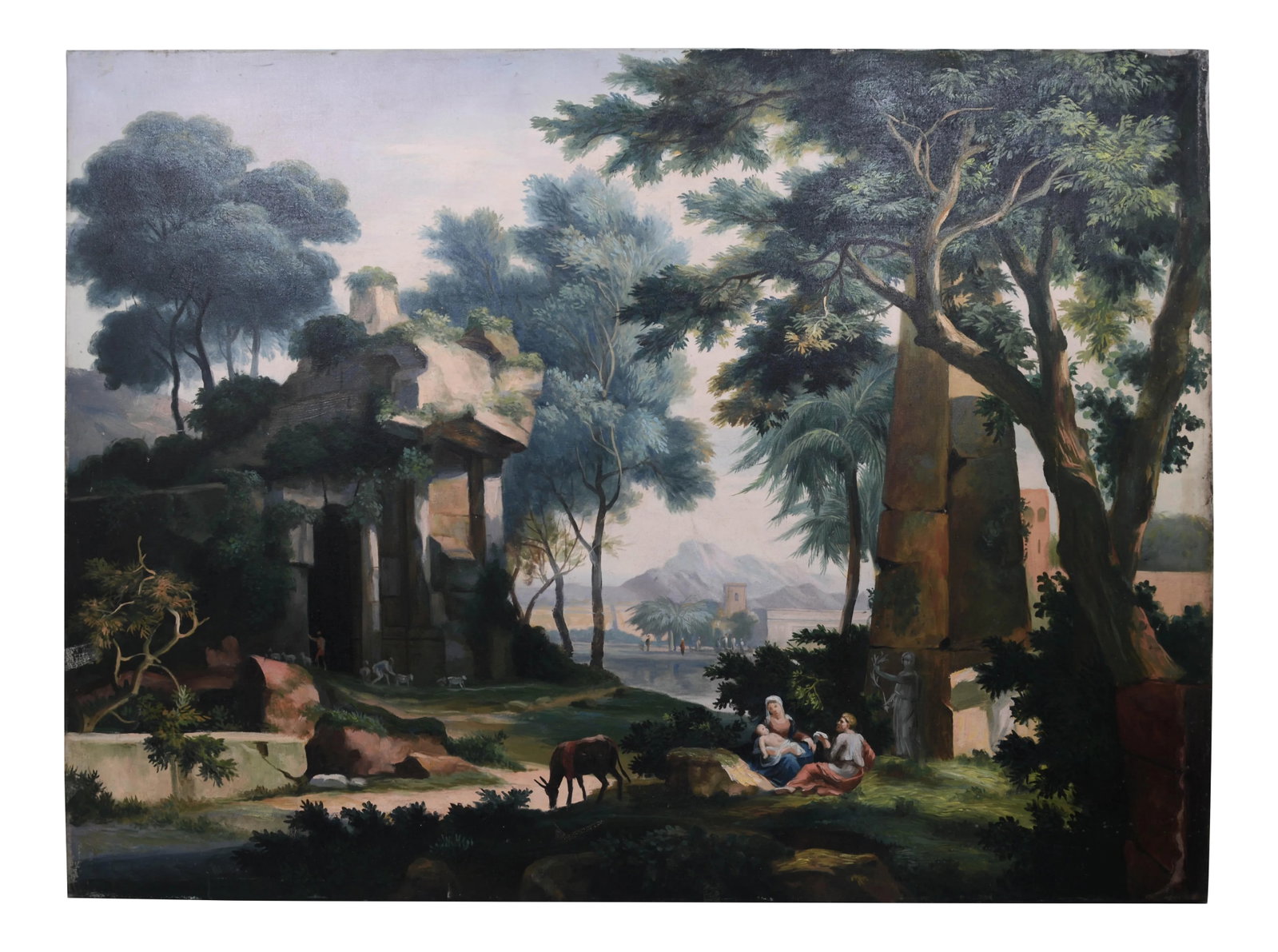 Oil on Canvas, Copy of Jan Van Huysum's Rest on the Flight Into Egypt: vintage Oil painting landscape on canvas.size: 48.8" *36" This is a copy of van Huysum's landscape painting Rest on the Flight into Egypt. The original was sold at Sotheby's Old Masters sale in