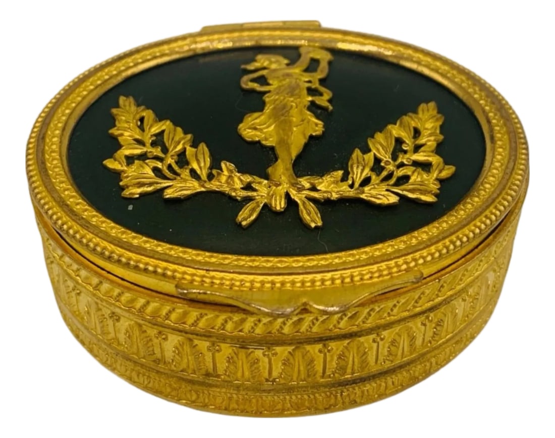 Antique French Neoclassical Ormolu Box With Dancing Muse & Stripe Tapestry Lining, Belle É (1 of 12)