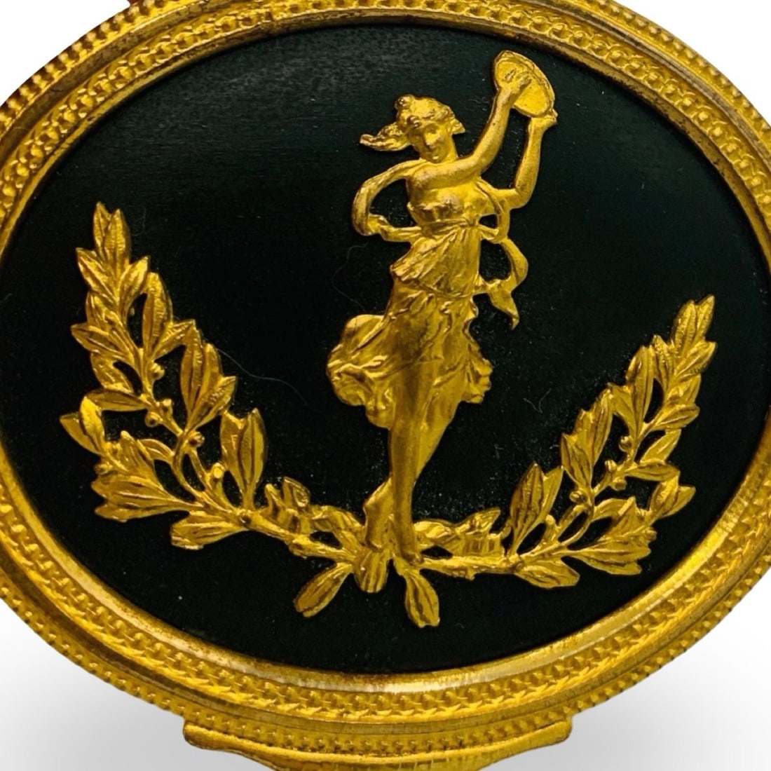 Antique French Neoclassical Ormolu Box With Dancing Muse & Stripe Tapestry Lining, Belle É - 2