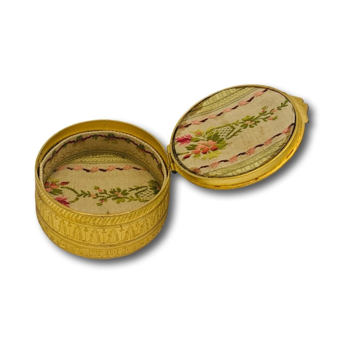 Antique French Neoclassical Ormolu Box With Dancing Muse & Stripe Tapestry Lining, Belle É - 5