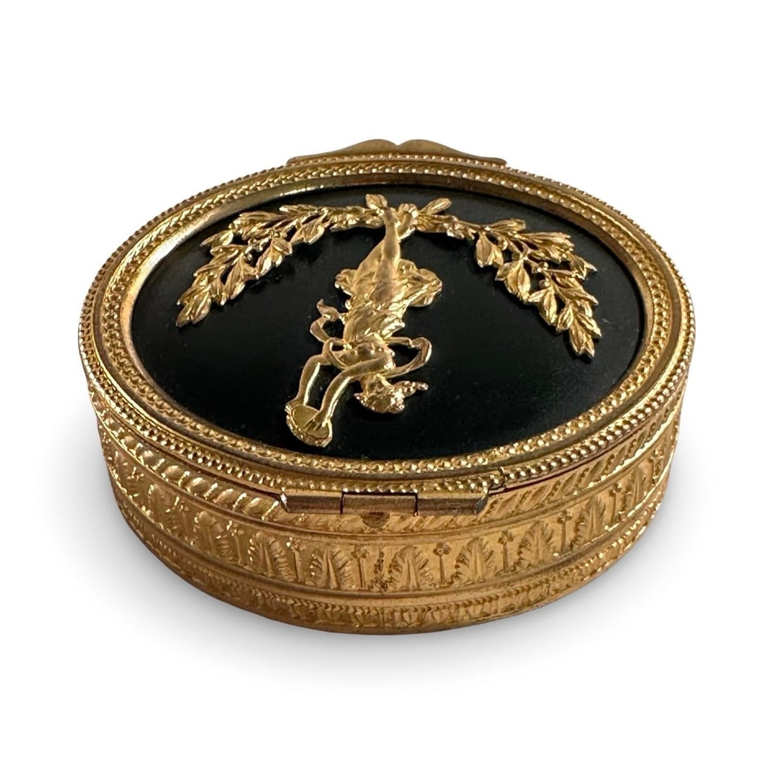 Antique French Neoclassical Ormolu Box With Dancing Muse & Stripe Tapestry Lining, Belle É - 9