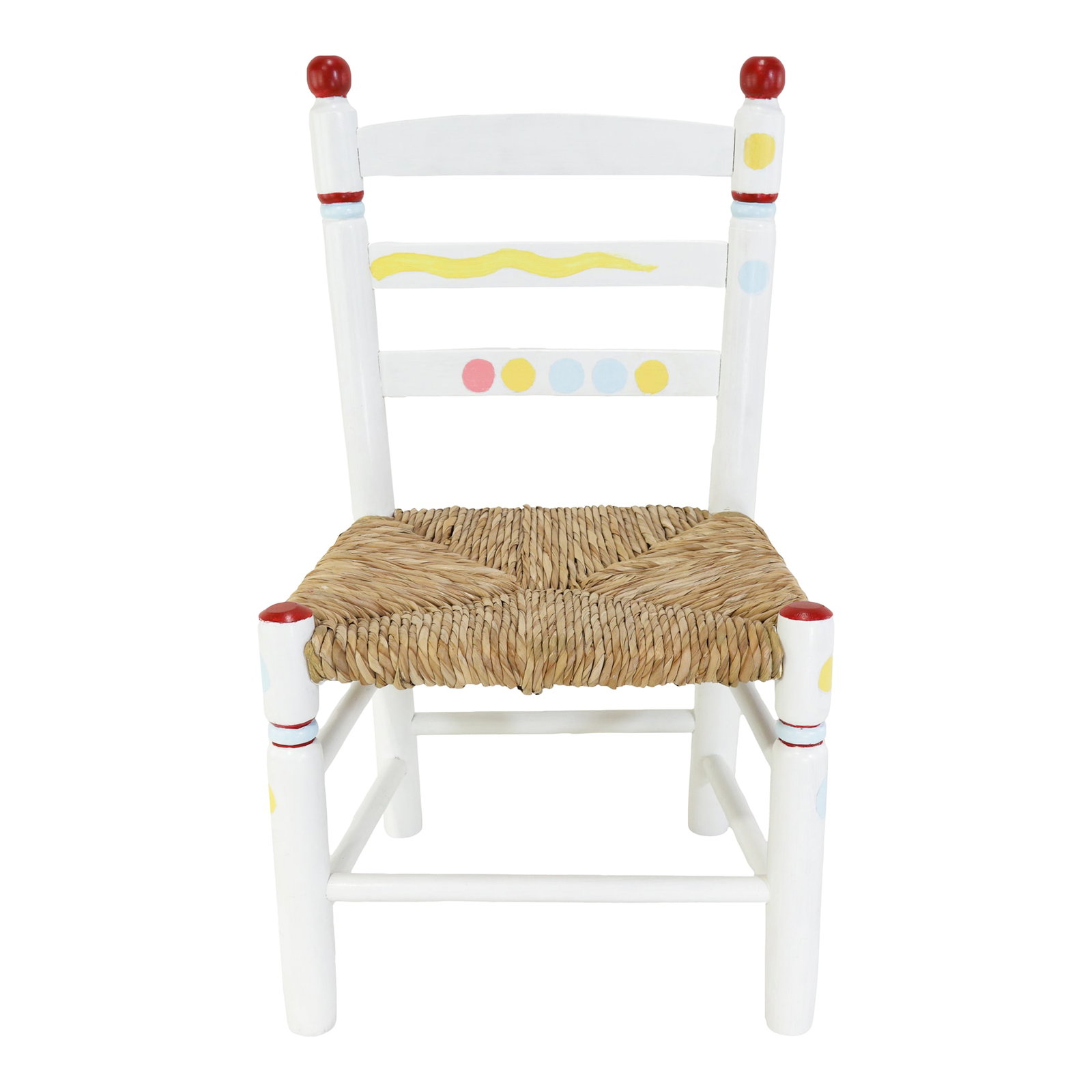 Vintage Hand-Painted Children's Chair With Hand-Woven Reed Seat: This charming vintage children's chair features a white-painted wooden frame decorated with cheerful, multi-colored hand-painted details, including playful dots and waves in yellow, red, and blue. It 