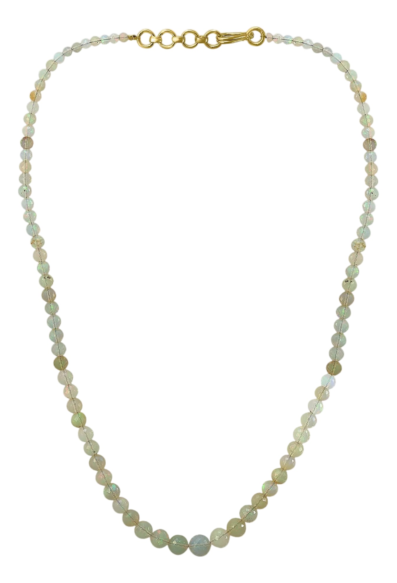 Natural Opal Faceted Bead Single Strand Necklace on Clearance Silver Clasp: Natural Opal single strand Bead Necklace In silver 18" long 1 layers of Natural opal Beads These are faceted beads so has lots of shine and glare Beautiful color Have lots of pieces Can sell in whole