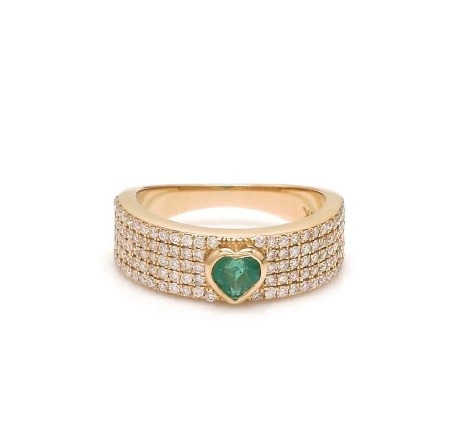 Natural 0.23 cts Zambian emerald & 0.49 cts diamond heart ring 18k gold - 14