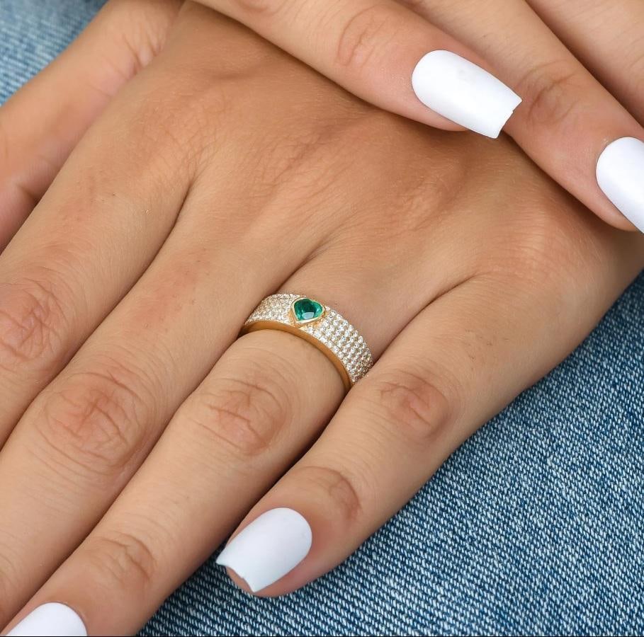 Natural 0.23 cts Zambian emerald & 0.49 cts diamond heart ring 18k gold - 7