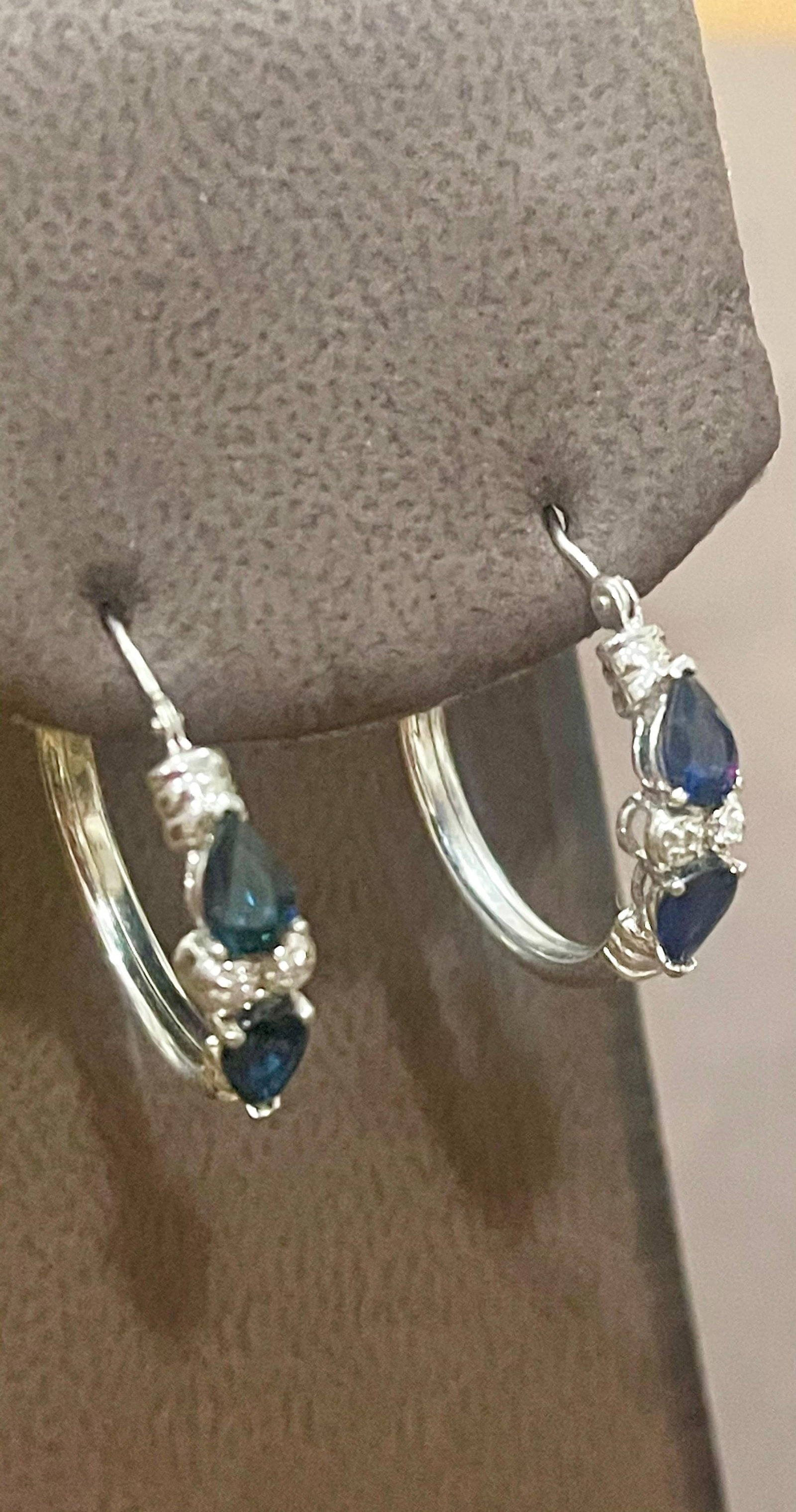 Pear Shape Sapphire and Diamond Hoop Cocktail Earrings in 14 Karat White Gold - 16