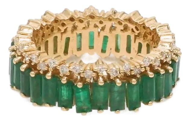 Natural 3.46 cts emerald & 0.33 cts diamond zig zag band ring in 18k gold: Emerald diamond baguette cut eternity band ring gold Natural emerald zig zag design ring gold Emerald diamond eternity band ring gold GEMSTONE DETAILS : âœ¦ Gemstone : Emerald