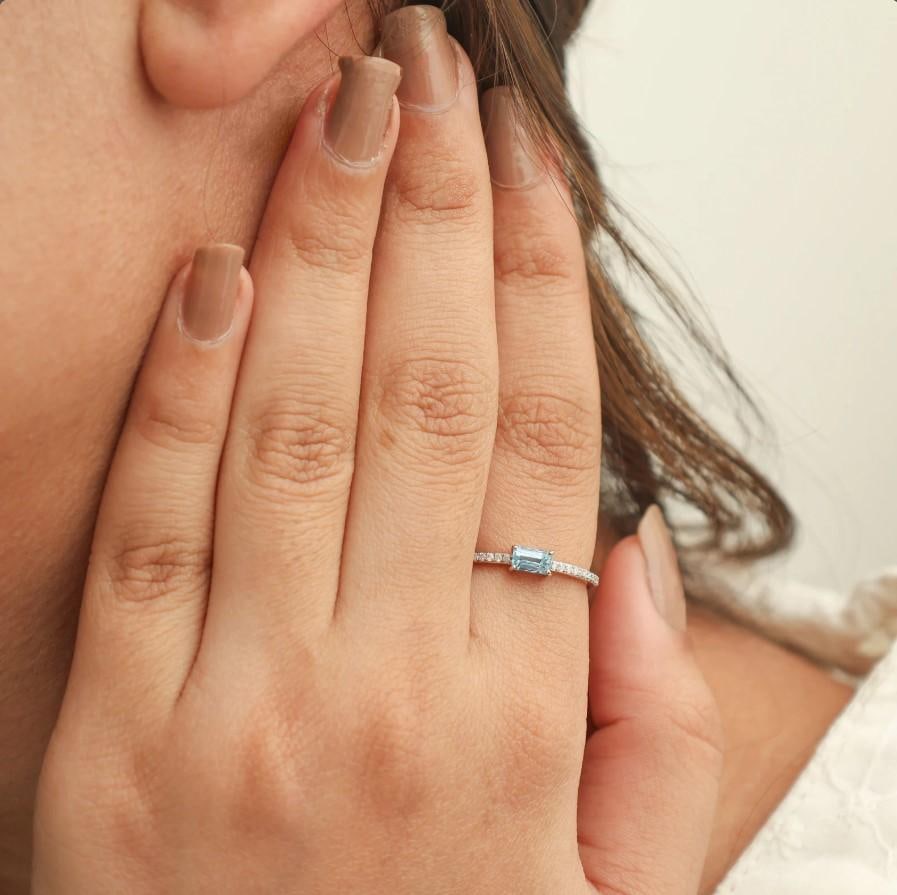 Natural 0.39 cts aquamarine & 0.14 cts diamond ring in 14k gold - 14