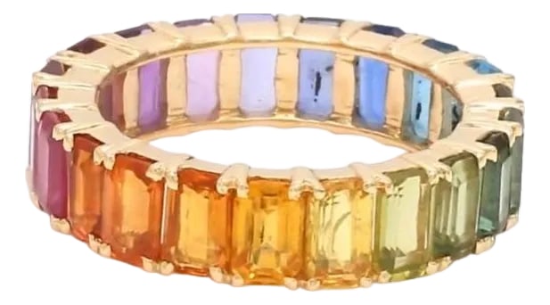 Natural 9.33 cts Rainbow sapphire ring in 14k gold: Rainbow sapphire ruby eternity band ring 14K gold Natural emerald cut rainbow ring gold Rainbow ombre ring gold 5x3MM Emerald cut ring STONE DETAILS : âœ¦ Gemstone : Rainbow Sapphire, R