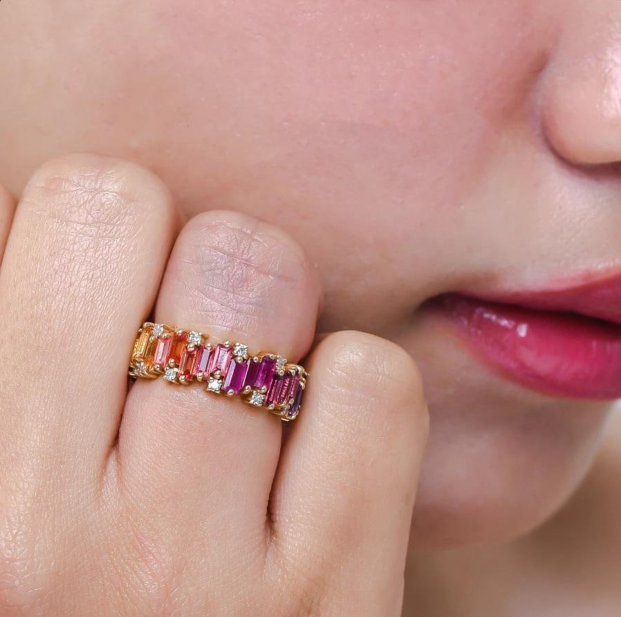 Natural 4.36 cts rainbow sapphire & 0.35 cts diamond zig zag ring in 14k gold - 13