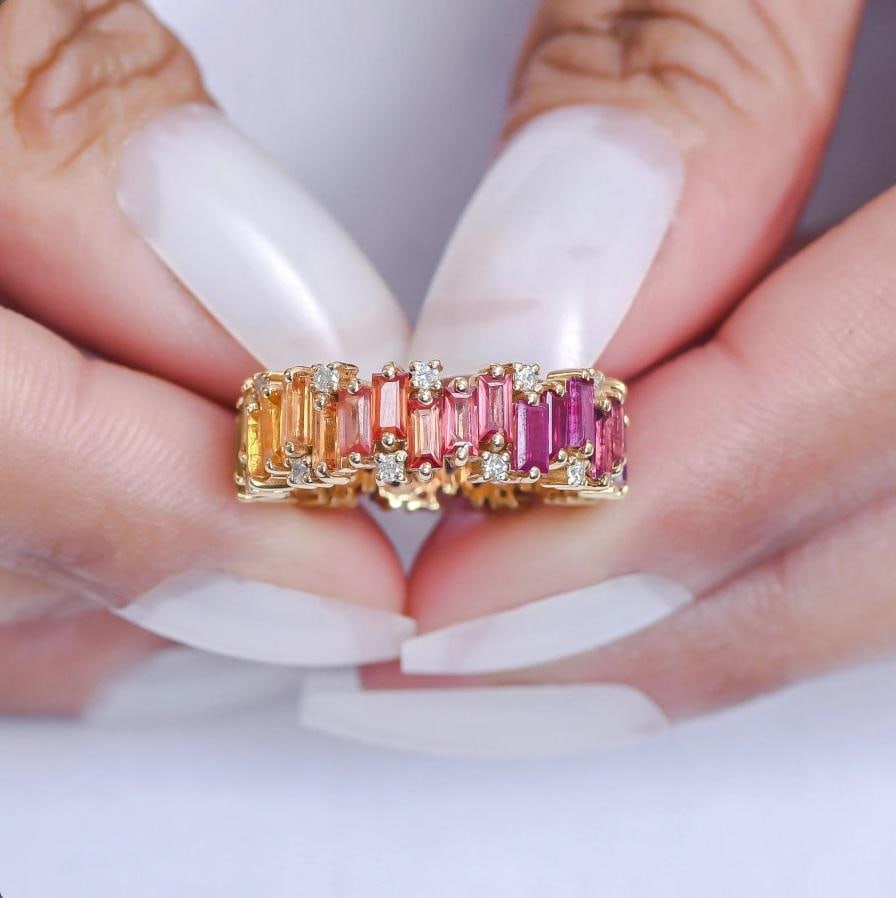 Natural 4.36 cts rainbow sapphire & 0.35 cts diamond zig zag ring in 14k gold - 17