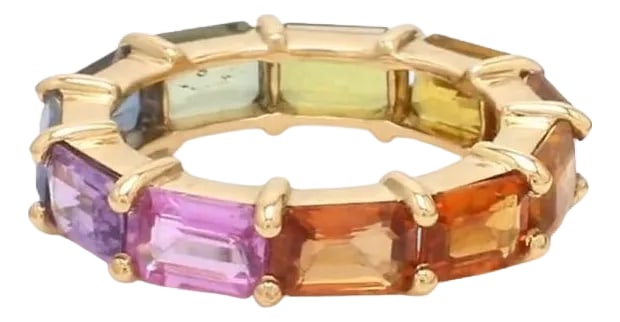 Natural 7.15 cts rainbow sapphire band ring in 14k gold: Rainbow sapphire emerald cut east west eternity band ring gold Natural 4MM wide rainbow sapphire eternity band gold Rainbow ring gold GEMSTONE DETAILS : âœ¦ Gemstone : Rainbow Sapphire