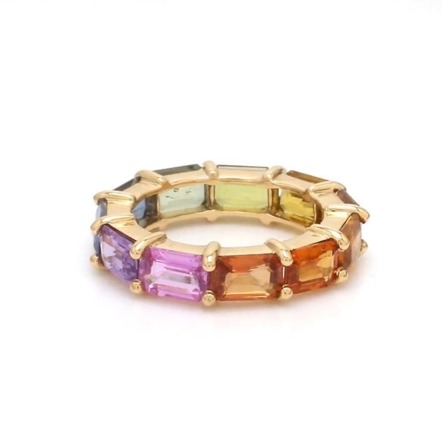 Natural 7.15 cts rainbow sapphire band ring in 14k gold - 4